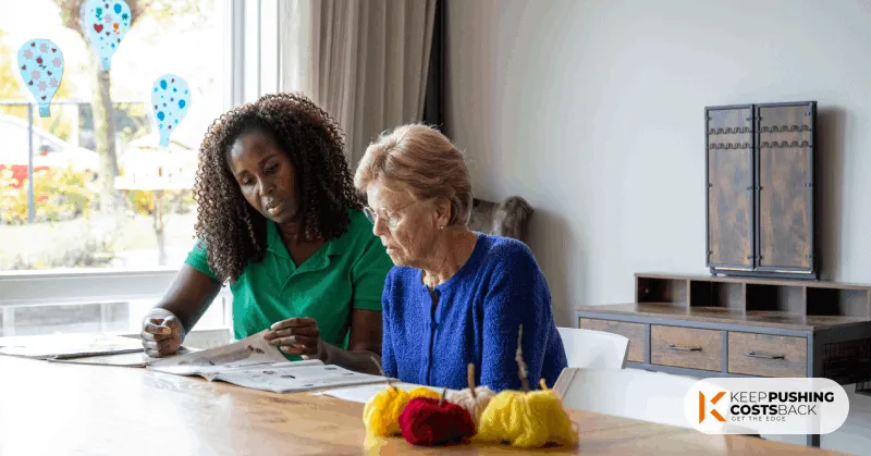 Woman taking care of another. Home care provided by Medicaid